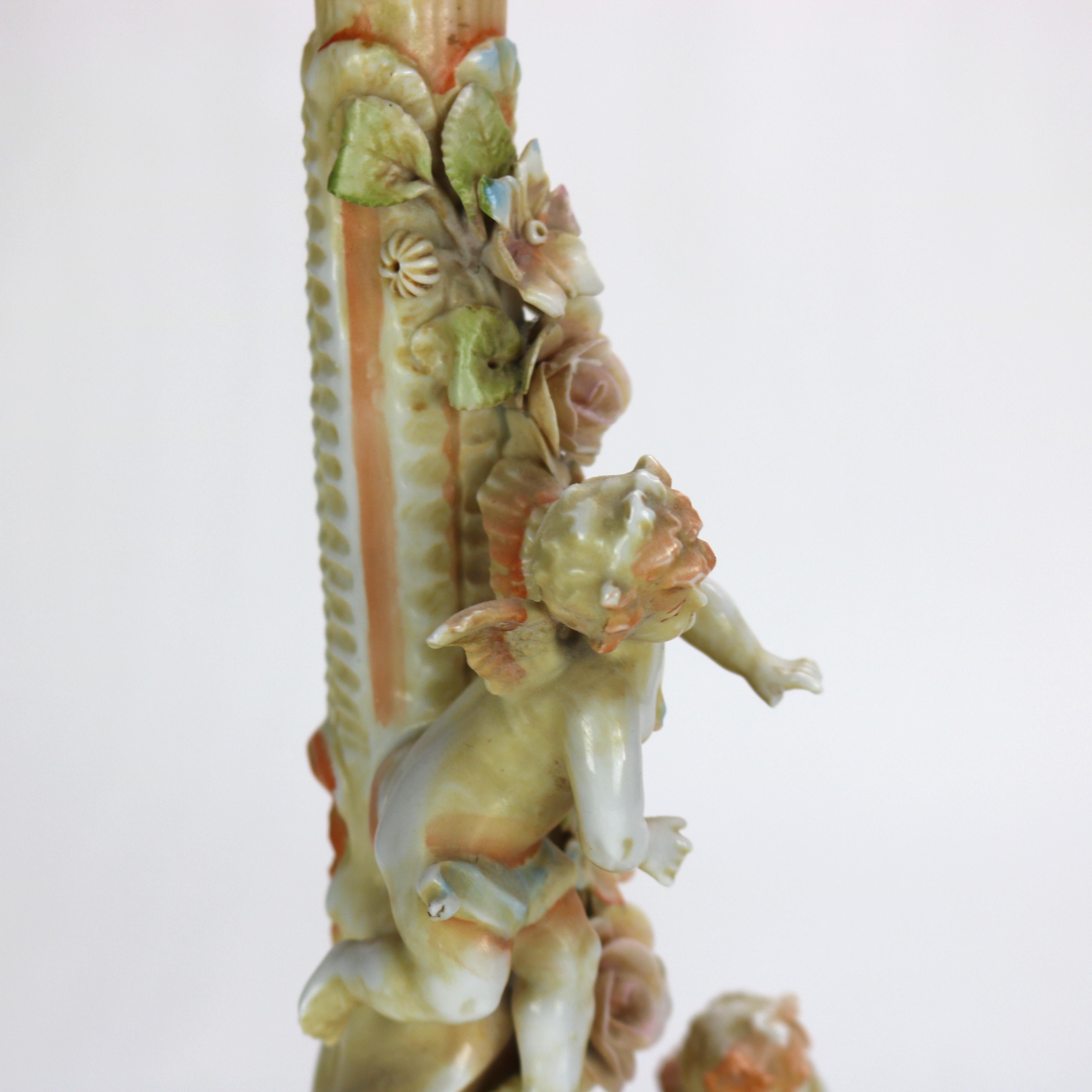 Pair of Meissen School Hand Painted Figural Porcelain Cherub Candlesticks 19thC For Sale 4