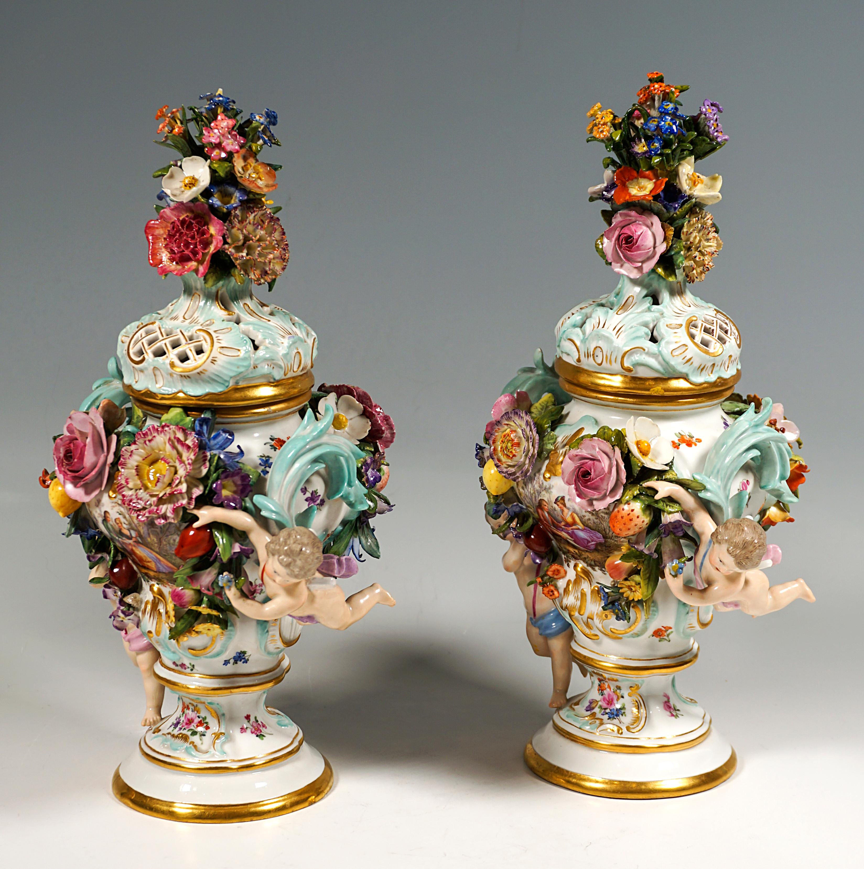 Rococo Pair Of Meissen Splendid Lidded Vases 'Potpourri With Cupids', Kaendler, Ca 1870