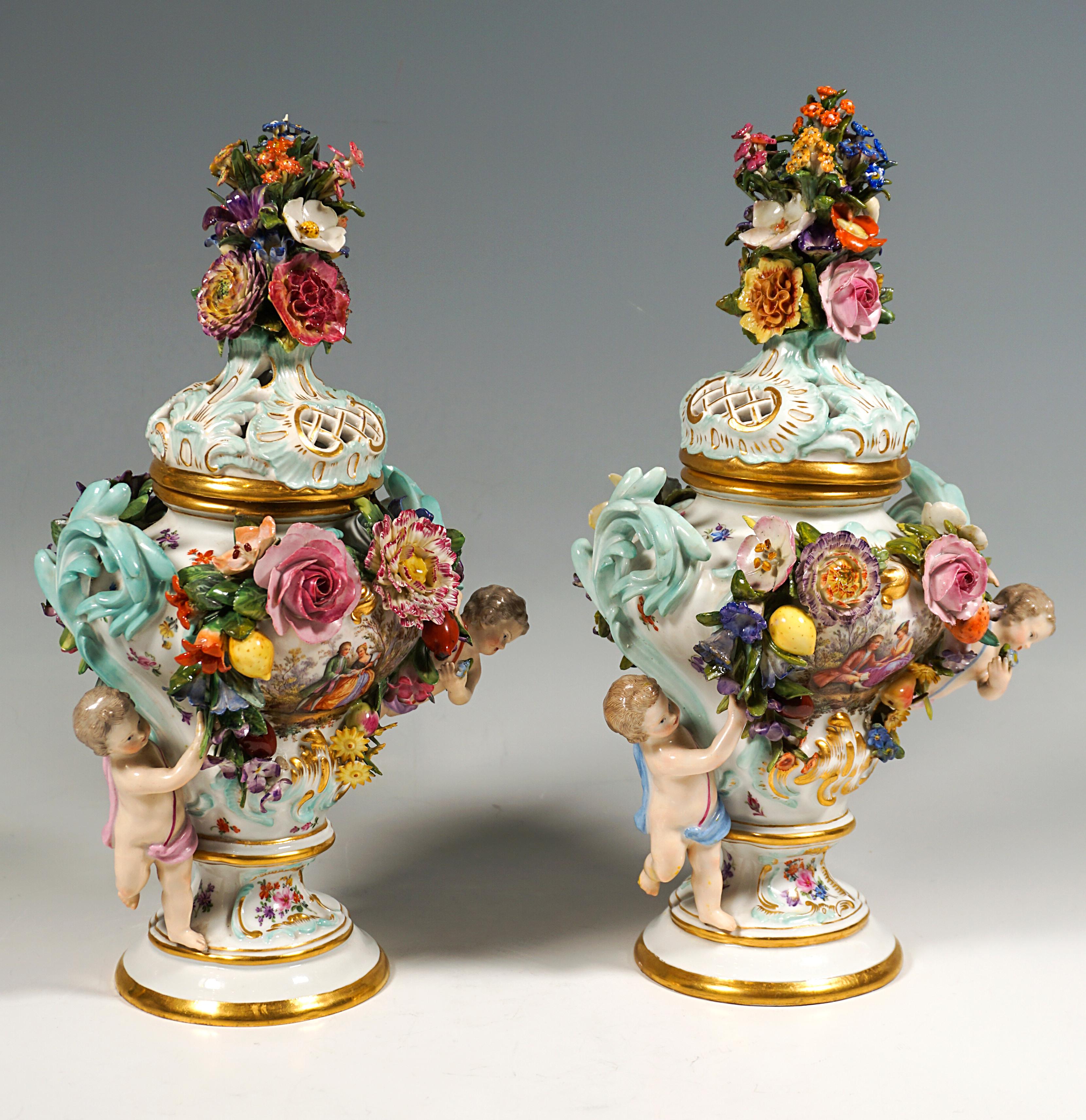 German Pair Of Meissen Splendid Lidded Vases 'Potpourri With Cupids', Kaendler, Ca 1870