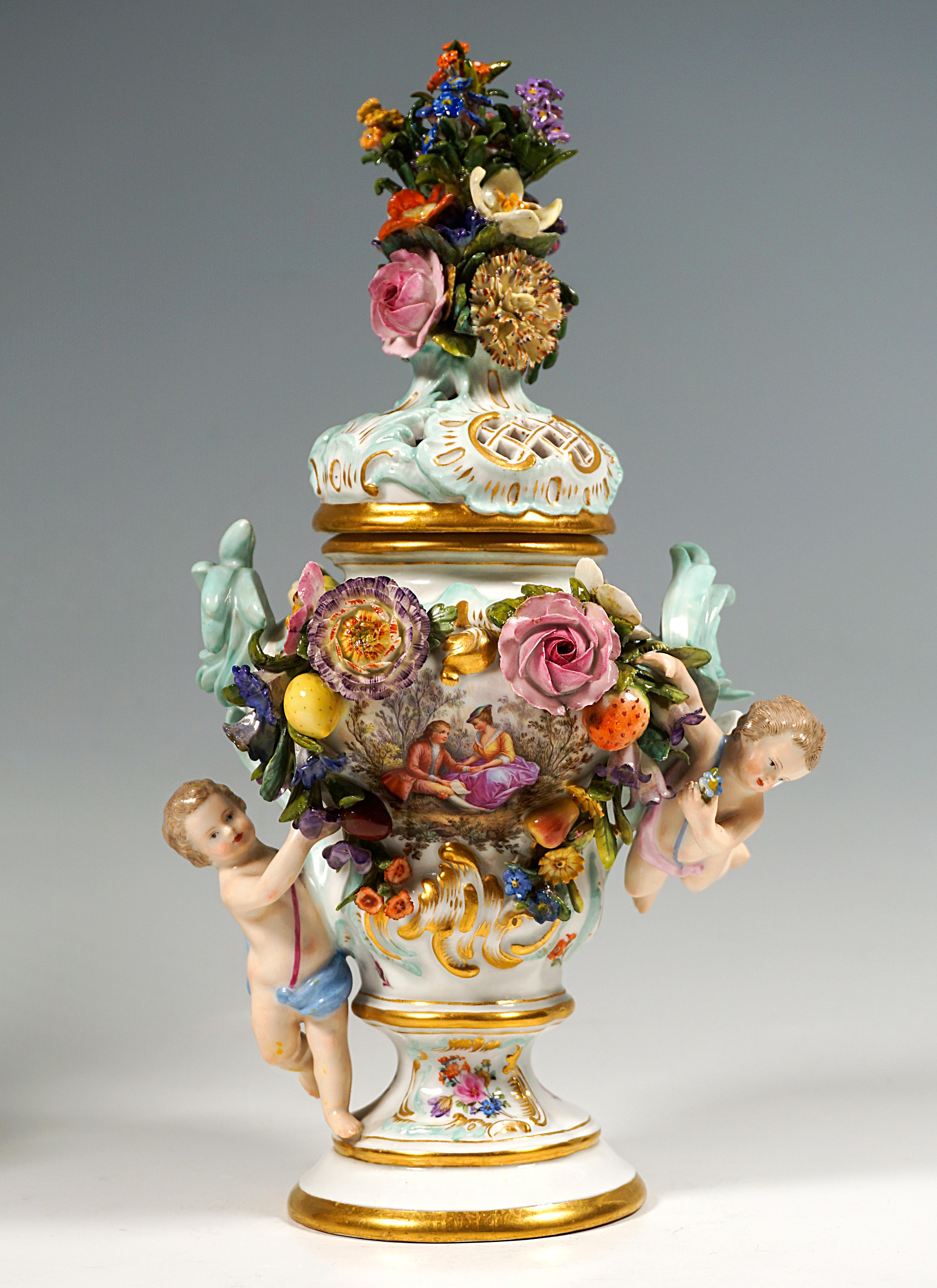 Porcelain Pair Of Meissen Splendid Lidded Vases 'Potpourri With Cupids', Kaendler, Ca 1870