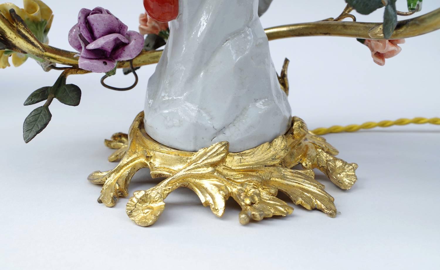 Pair of Meissen Style Birds Porcelain Lamps, Gilt Bronze Mount, 1900 Period 1