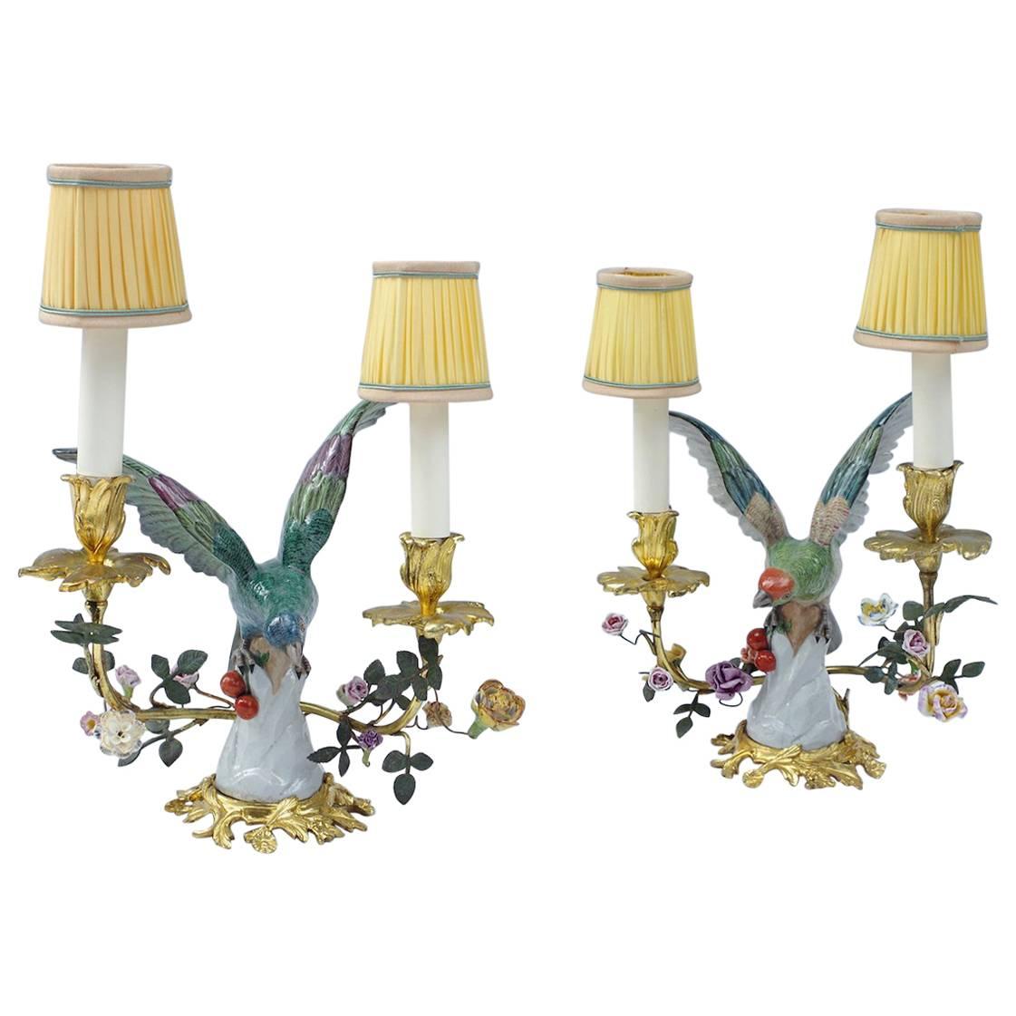 Pair of Meissen Style Birds Porcelain Lamps, Gilt Bronze Mount, 1900 Period