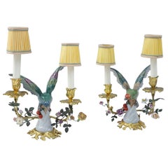 Pair of Meissen Style Birds Porcelain Lamps, Gilt Bronze Mount, 1900 Period