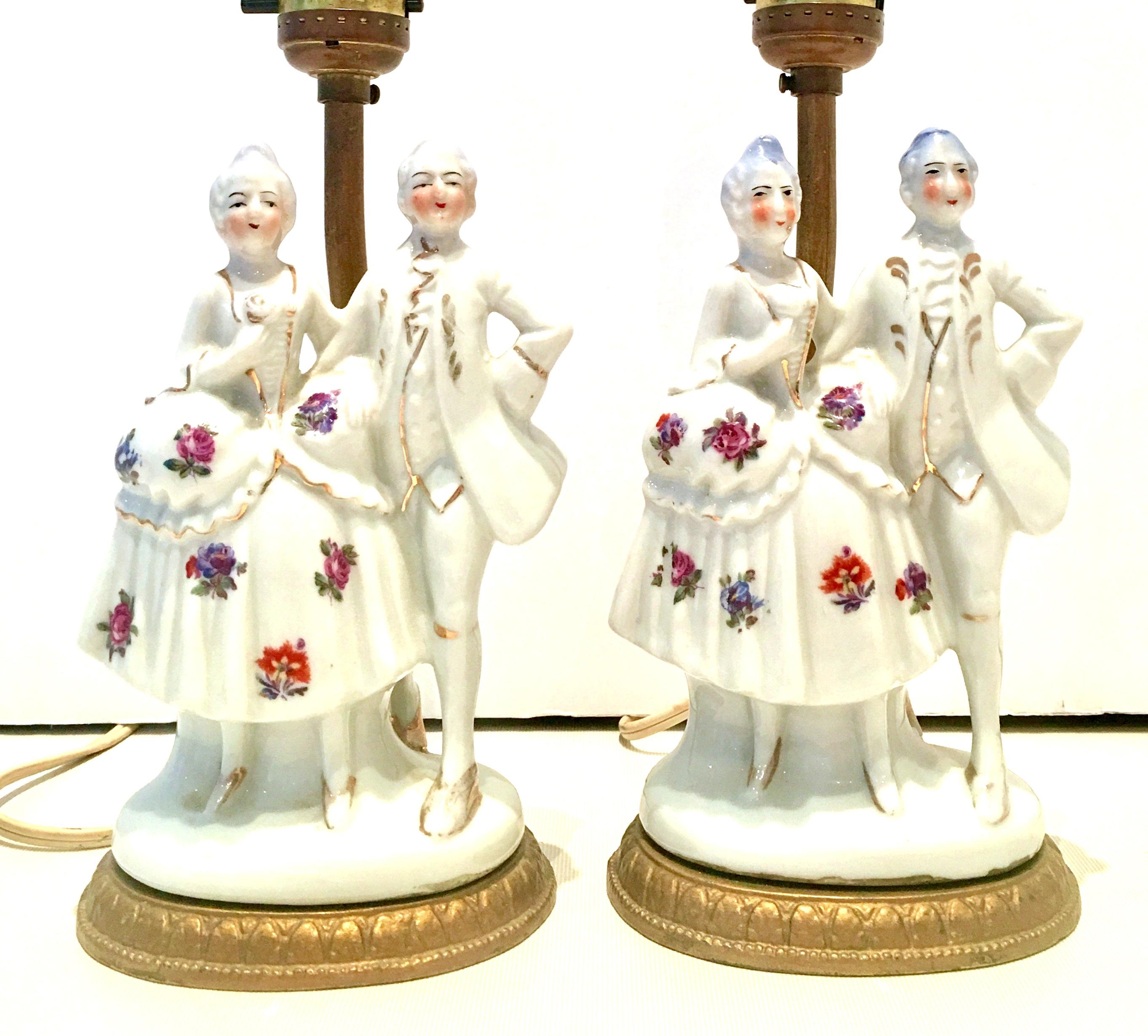 German Pair of Meissen Style Hand-Painted Bronze-Mounted Courting Couple Lamps For Sale