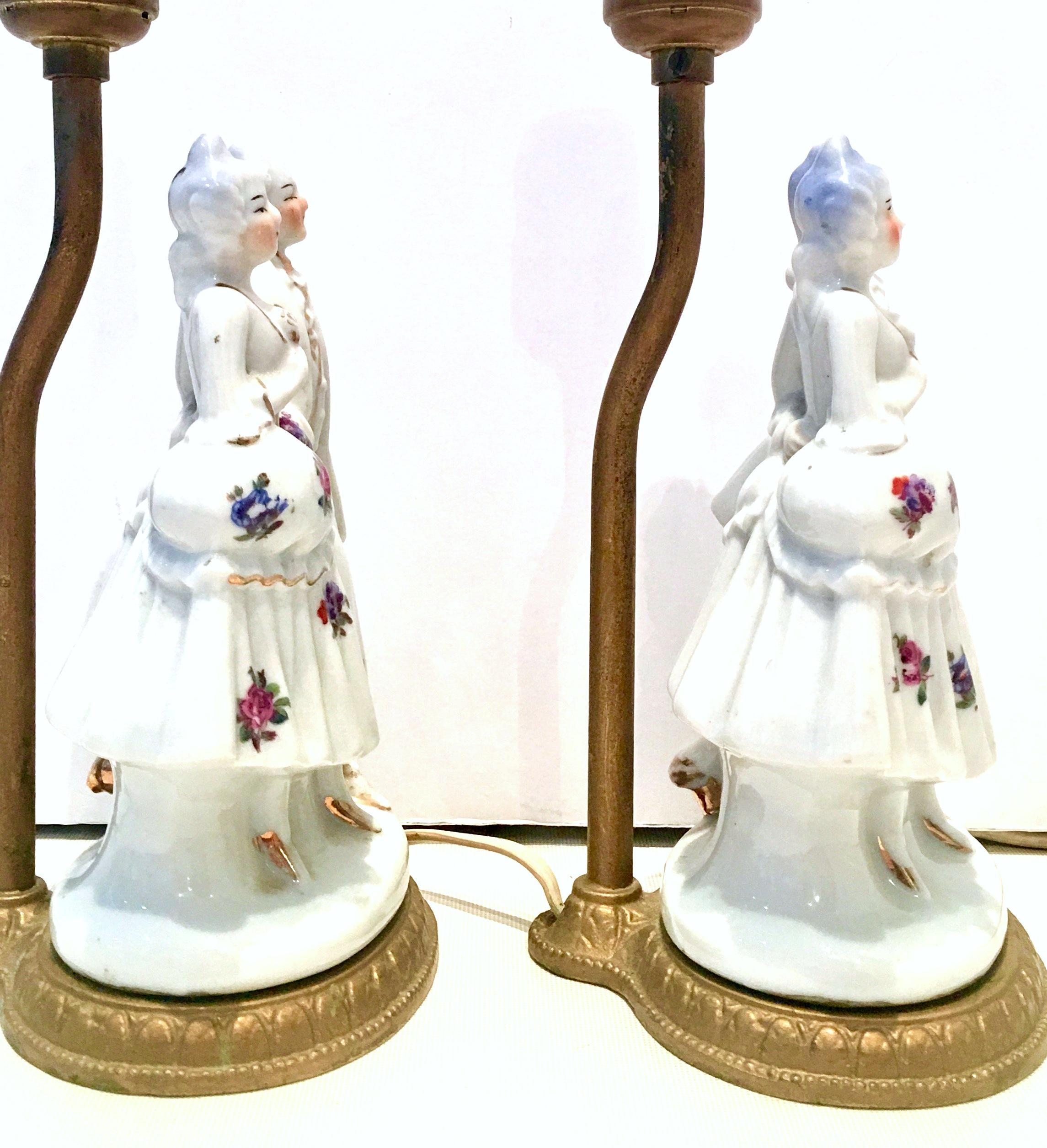20th Century Pair of Meissen Style Hand-Painted Bronze-Mounted Courting Couple Lamps For Sale