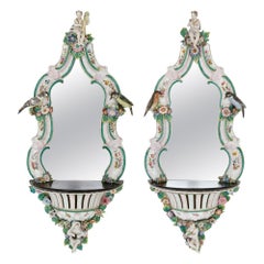 Antique Pair of Meissen Style Porcelain and Ebonised Wood Mirrored Wall Brackets