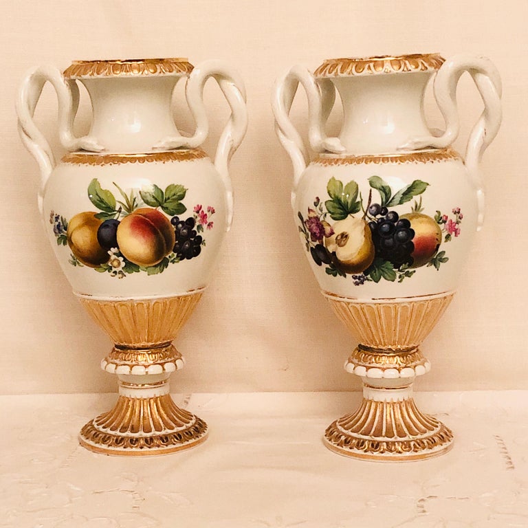 Pair of Meissen Vases with Snake Handles and Different Fruit Paintings