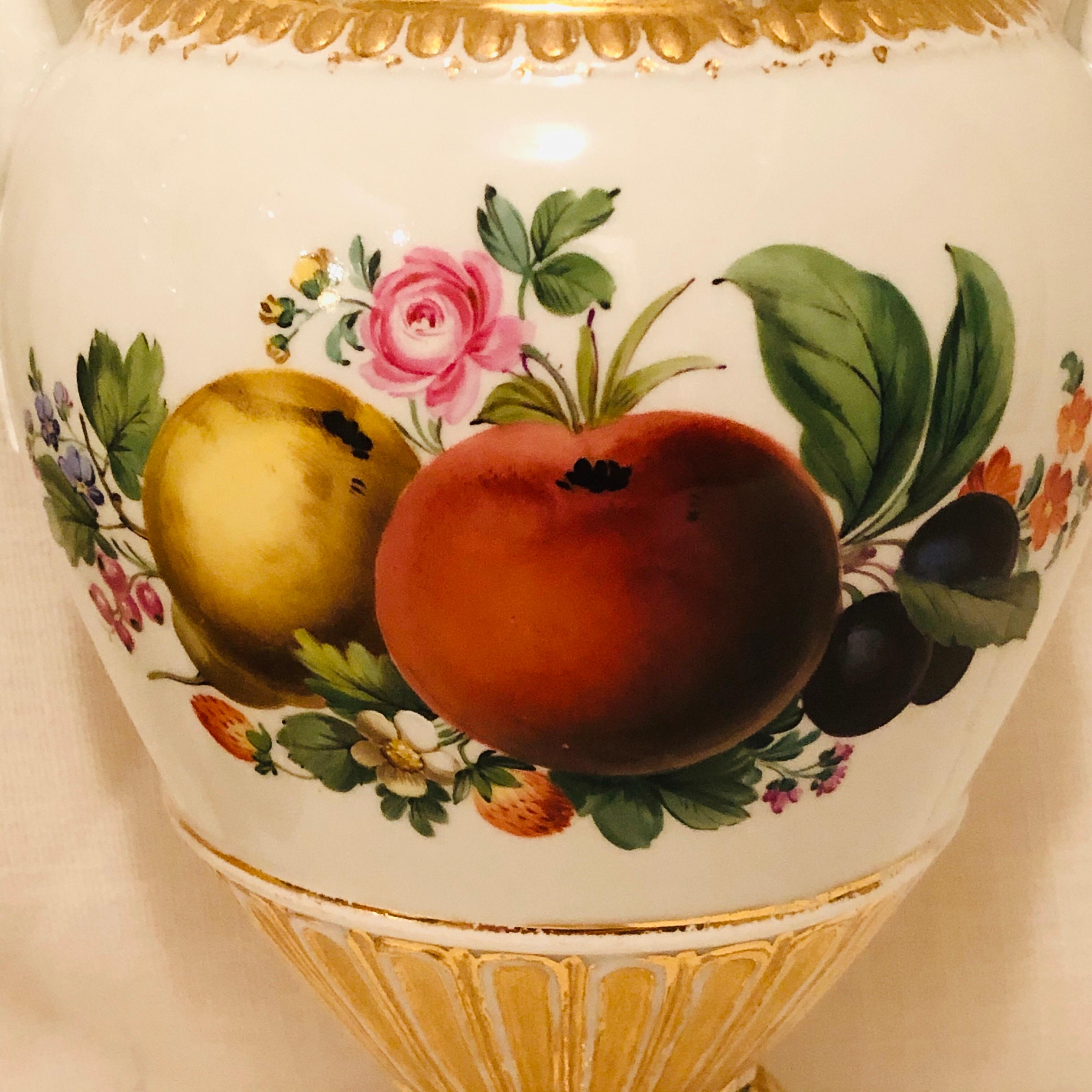 Hand-Painted Pair of Meissen Vases with Snake Handles and Different Fruit Paintings