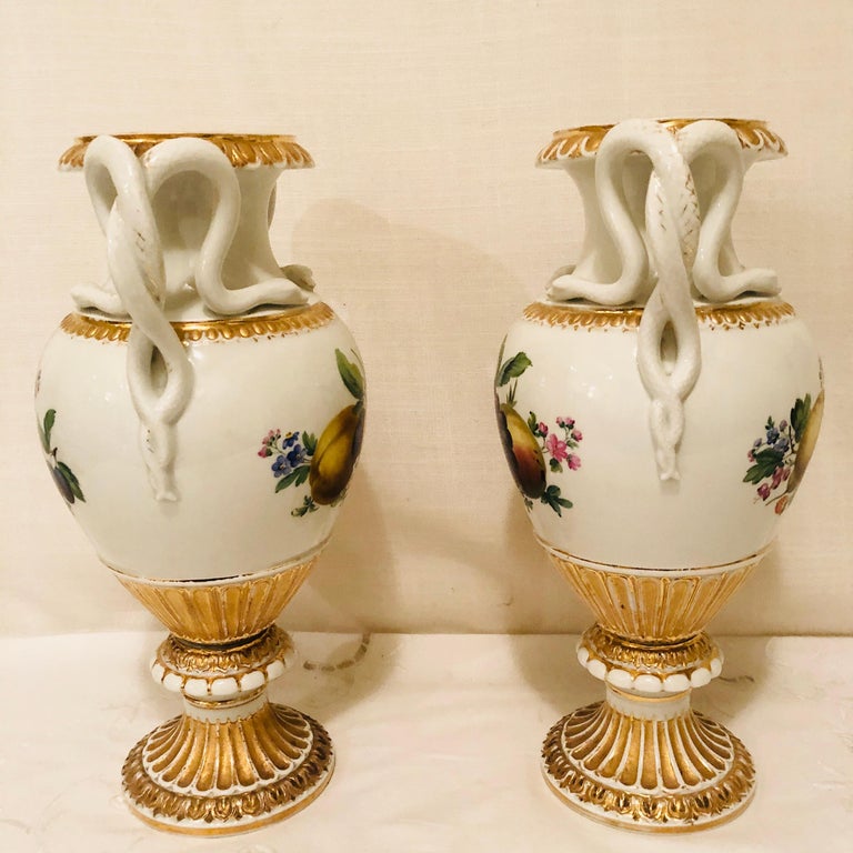 Pair of Meissen Vases with Snake Handles and Different Fruit Paintings