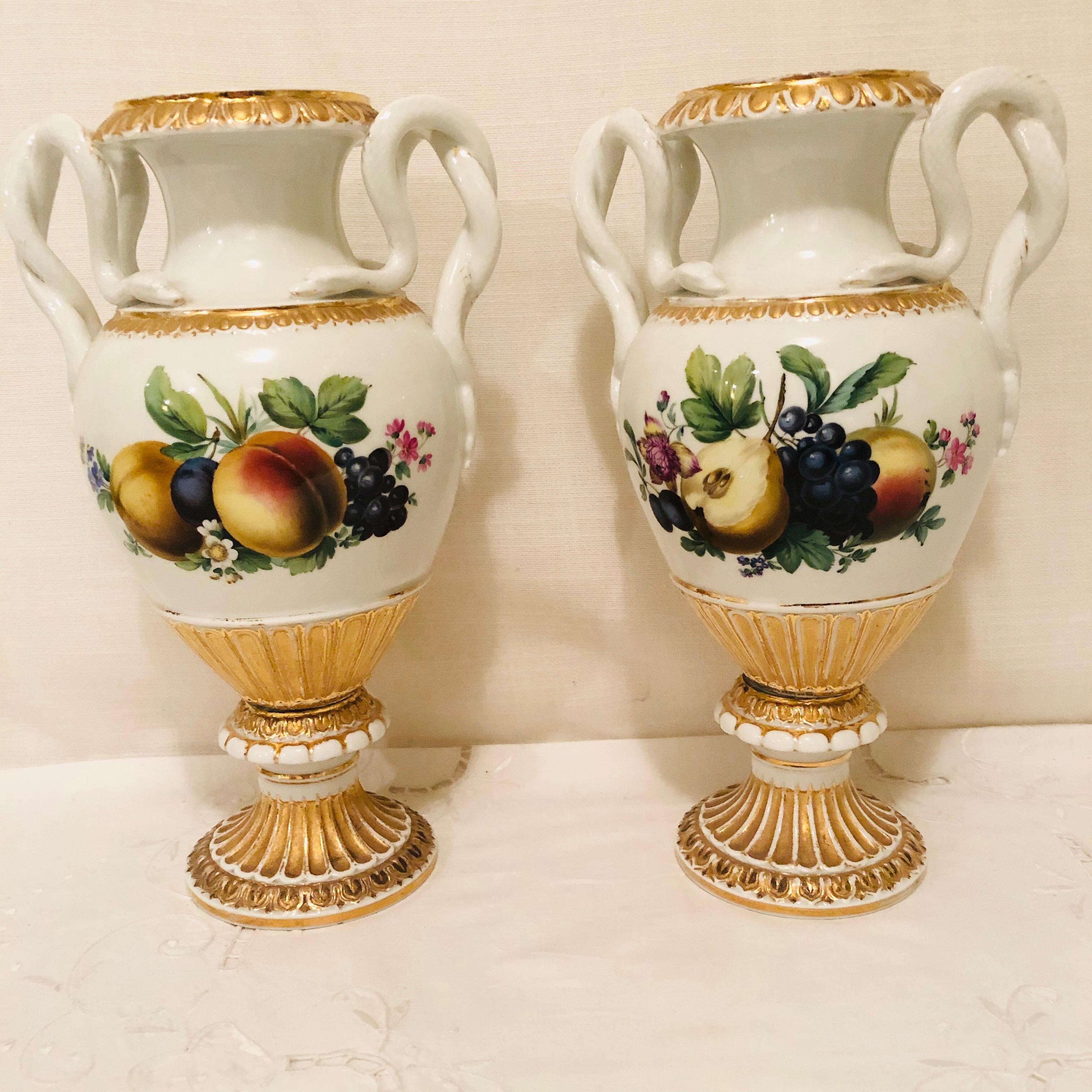 Porcelain Pair of Meissen Vases with Snake Handles and Different Fruit Paintings
