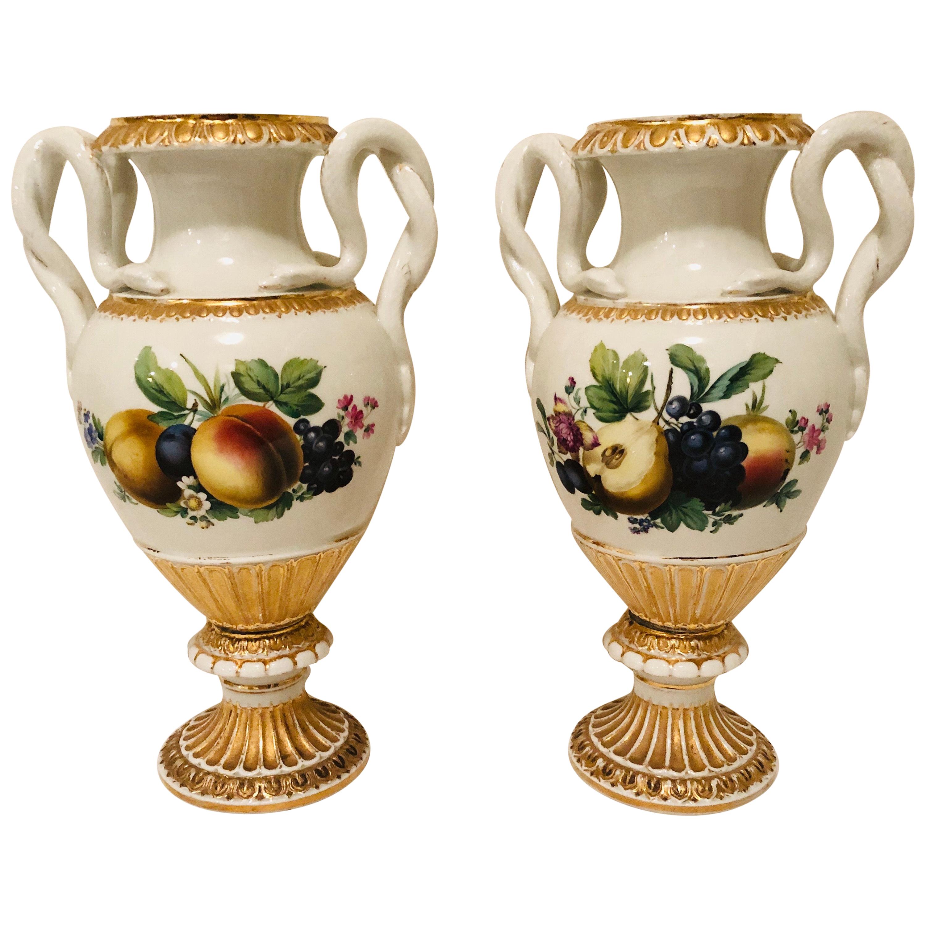 Pair of Meissen Vases with Snake Handles and Different Fruit Paintings