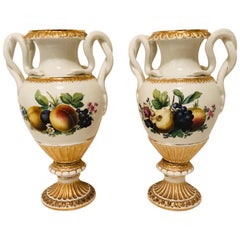 Pair of Meissen Vases with Snake Handles and Different Fruit Paintings