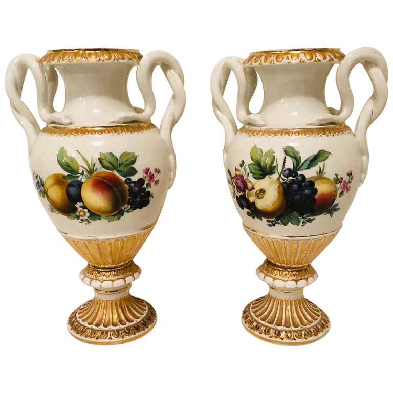 Pair of Meissen Vases with Snake Handles and Different Fruit Paintings For  Sale at 1stDibs | meissen vases prices