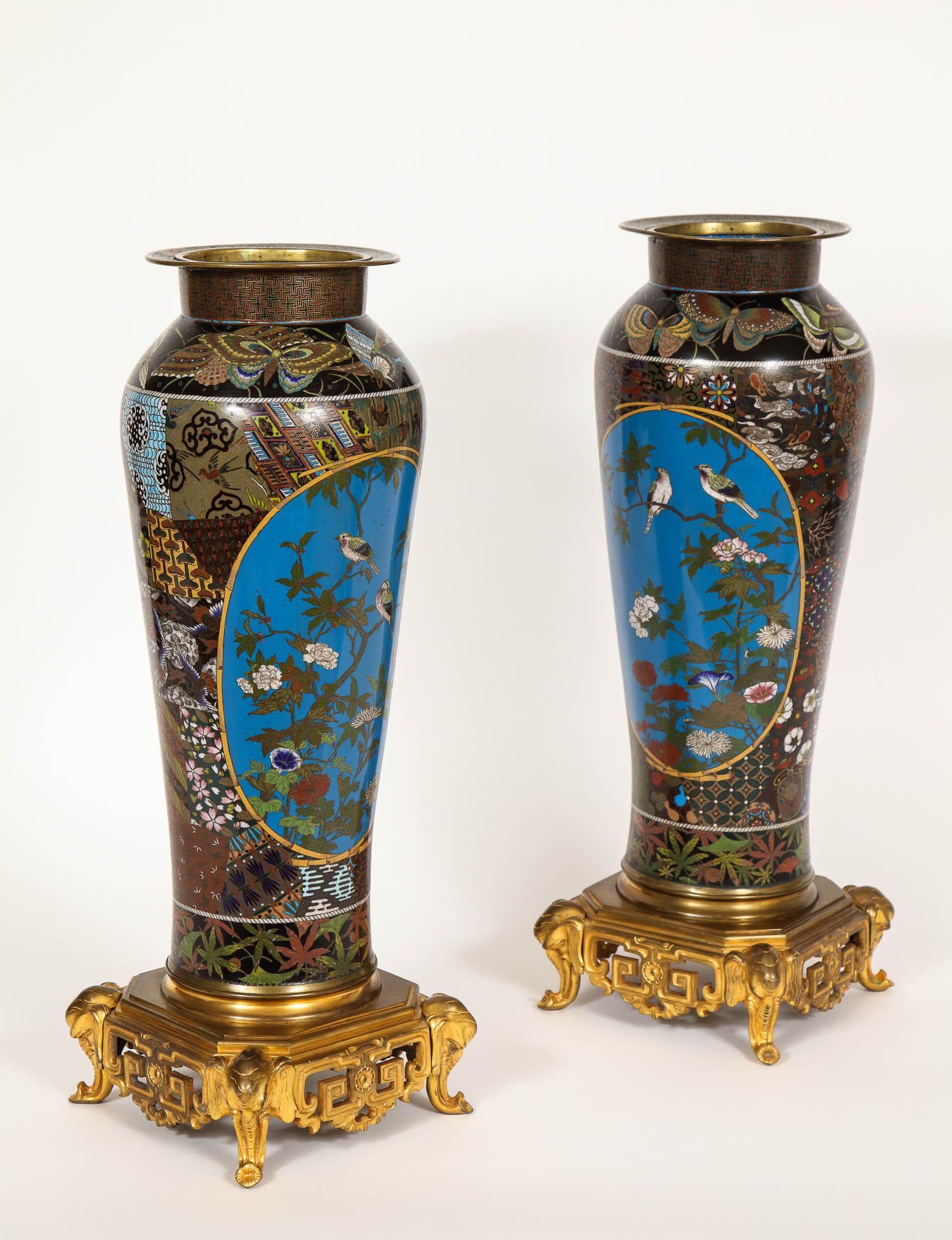 Japonisme Pair of Meji Period Japanese Cloisonne Thousand Butterfly Vases, Barbedienne