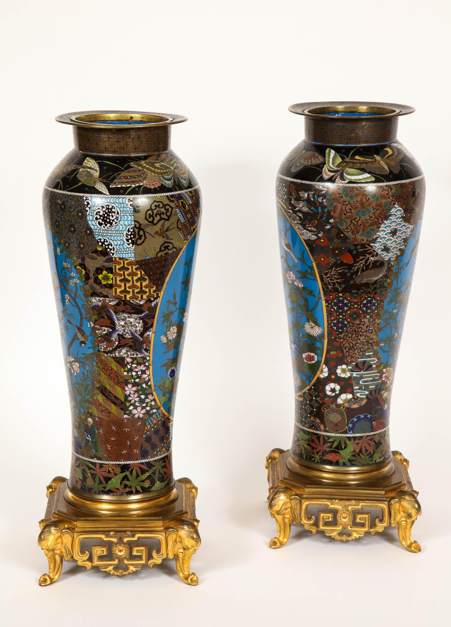 Mid-19th Century Pair of Meji Period Japanese Cloisonne Thousand Butterfly Vases, Barbedienne