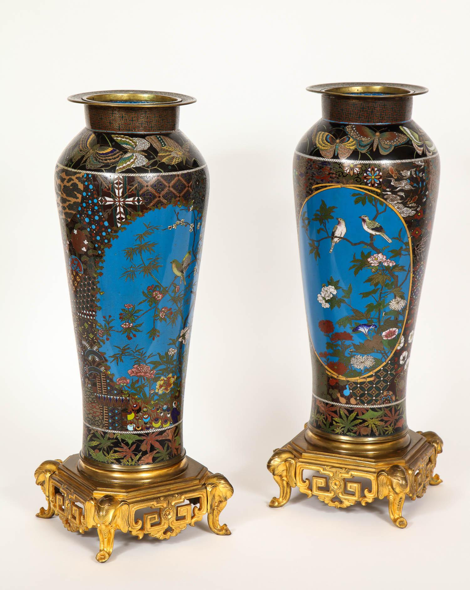Bronze Pair of Meji Period Japanese Cloisonne Thousand Butterfly Vases, Barbedienne