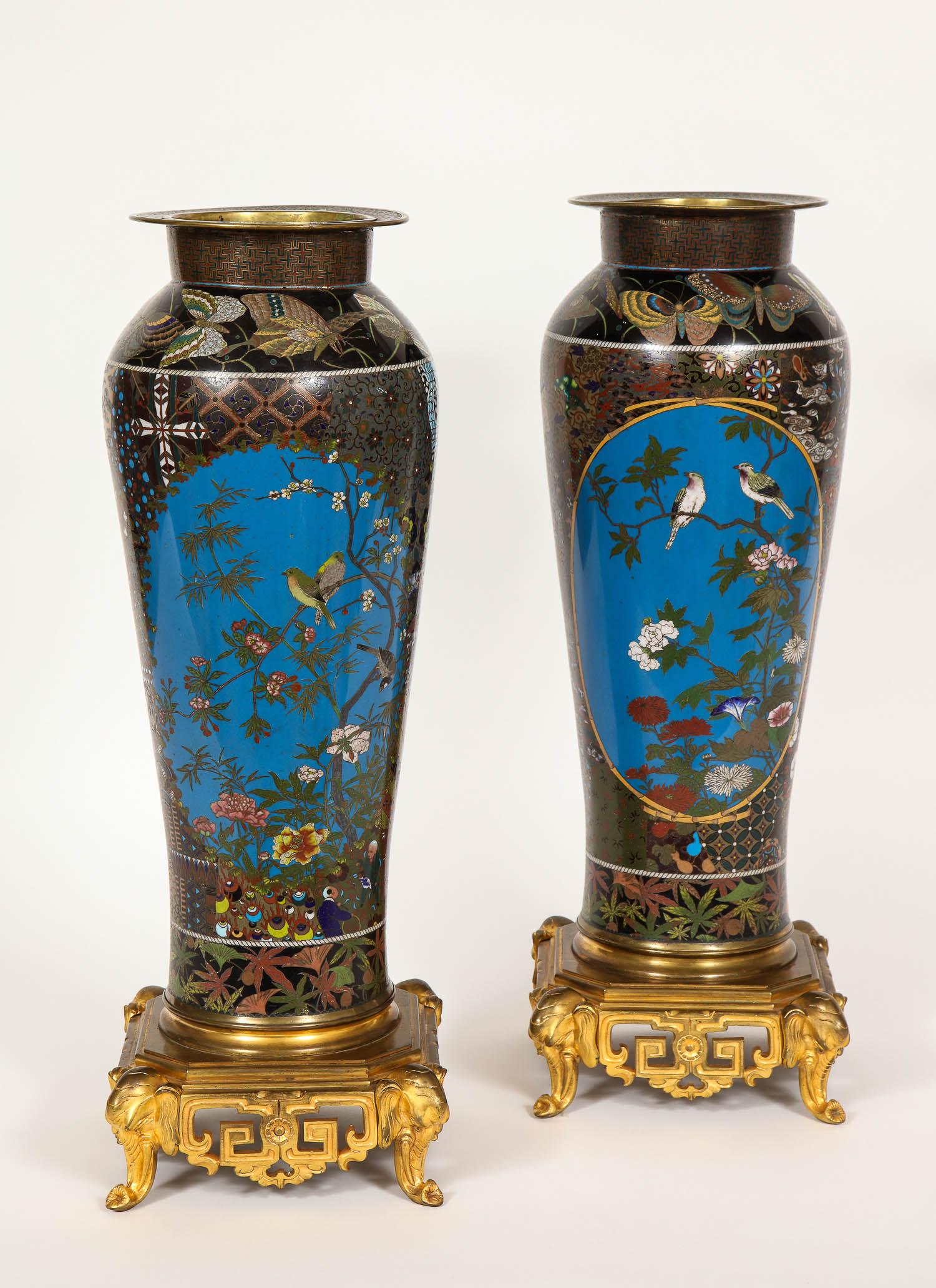 Pair of Meji Period Japanese Cloisonne Thousand Butterfly Vases, Barbedienne 1