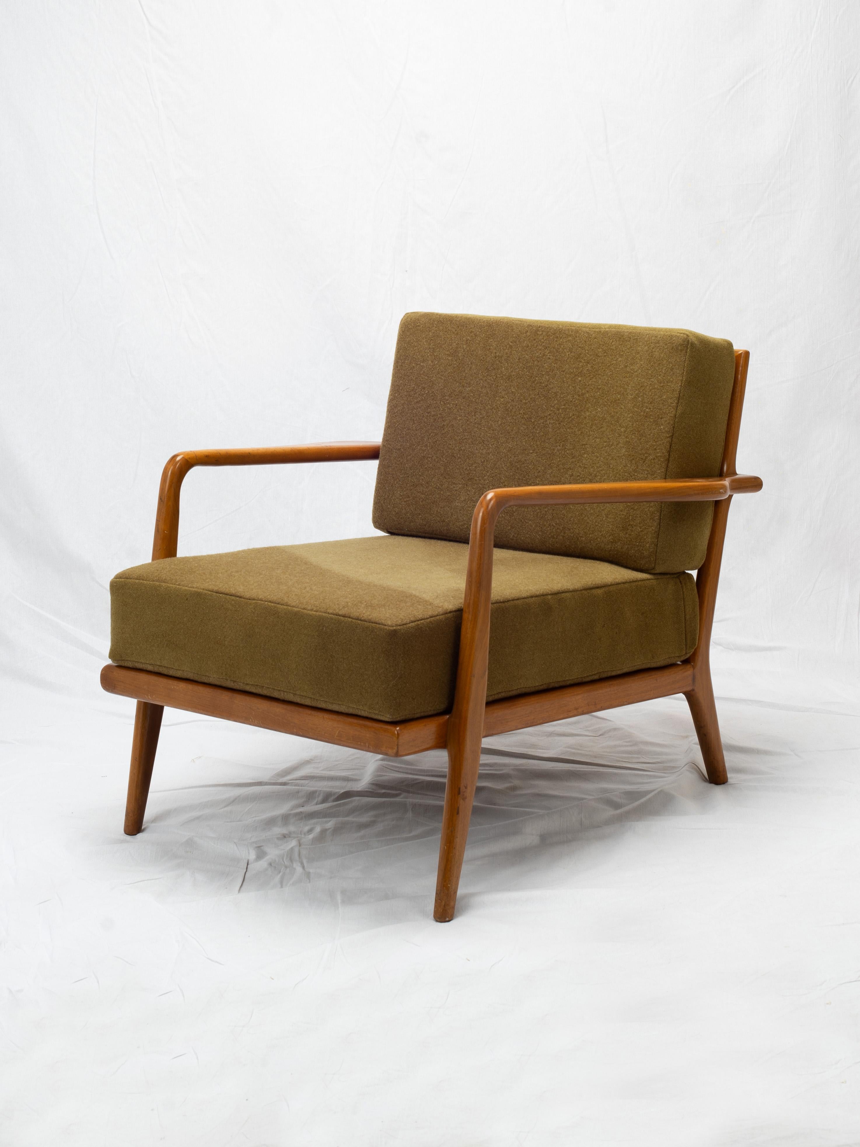 A remarkable set of Mel Smilow “Railback” chairs in light walnut, reupholstered in vintage, 100% wool salvaged from WWII-era wool blankets. Mel Smilow designed these chairs in 1950, including an especially deep seat that you sink into, making these
