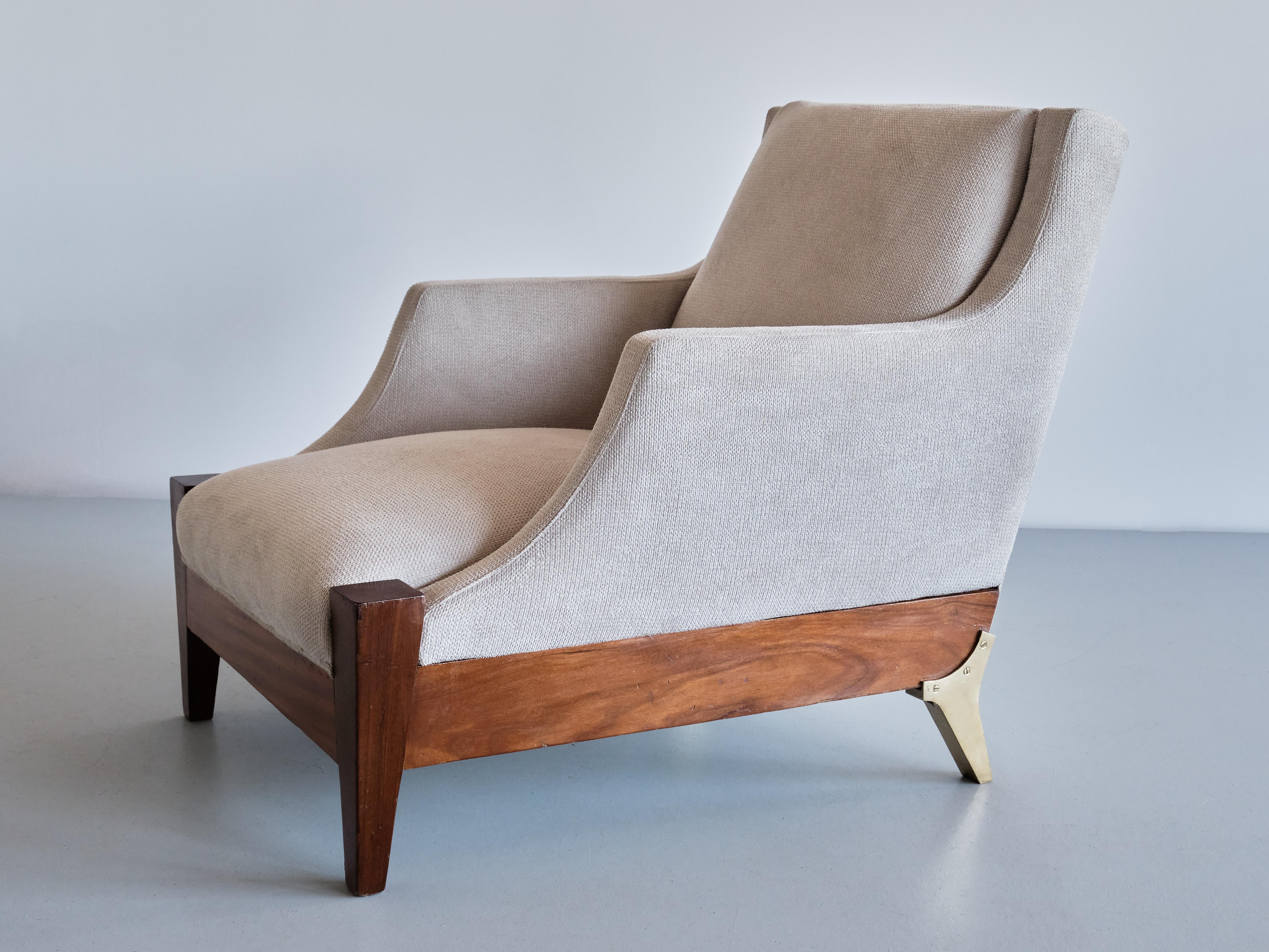 Pair of Melchiorre Bega Armchairs in Walnut, Brass, Ivory Fabric, Italy, 1940s 4