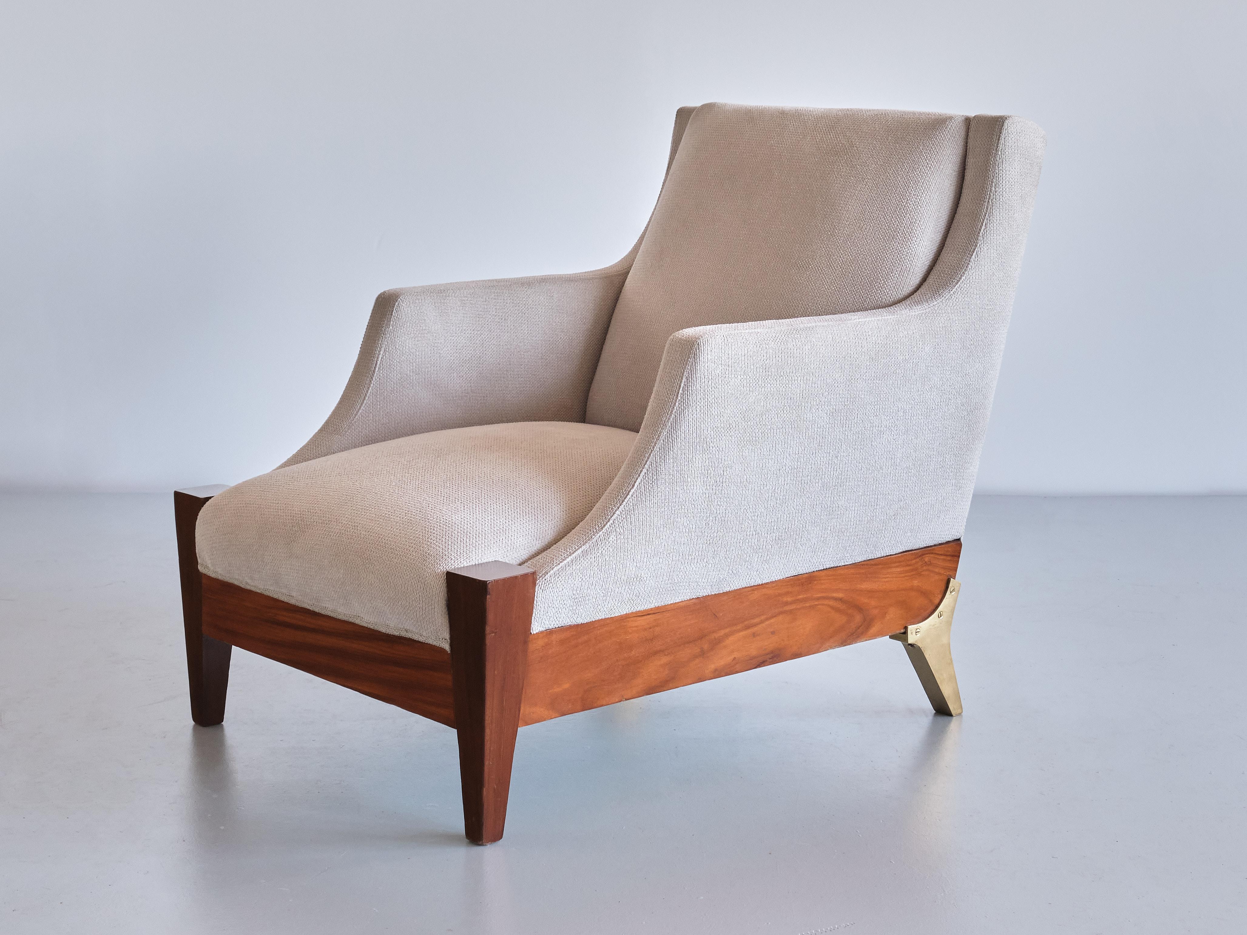Pair of Melchiorre Bega Armchairs in Walnut, Brass, Ivory Fabric, Italy, 1940s 5