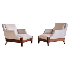 Pair of Melchiorre Bega Armchairs in Walnut, Brass, Ivory Fabric, Italy, 1940s