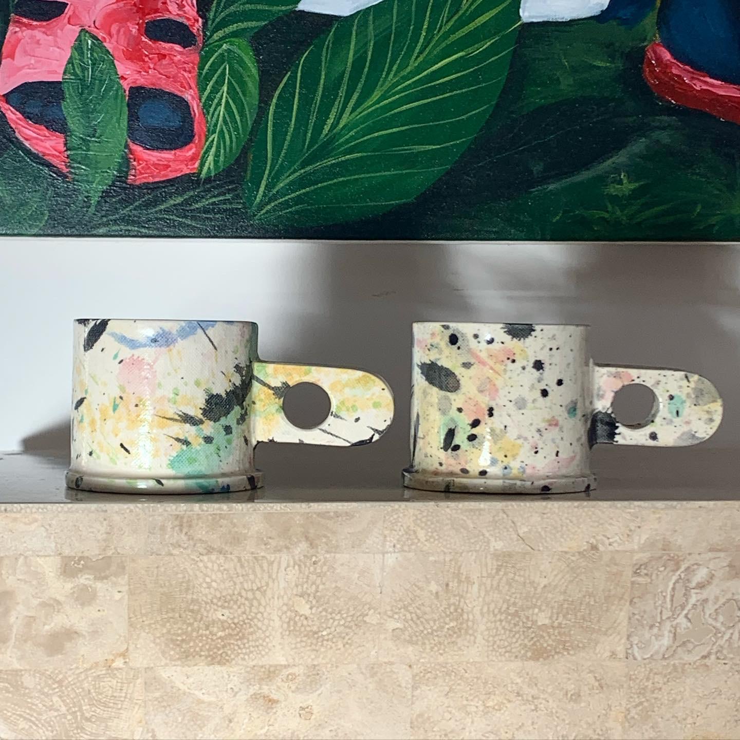 Hand-Crafted Peter Shire Pair of Memphis Milano Ceramic Splatter Mugs, 2012