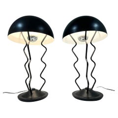 Pair of Memphis Milano style Post modern steel squiggle dome lamps in Black