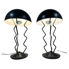 Pair of Memphis Milano style Post modern steel squiggle dome lamps in Black