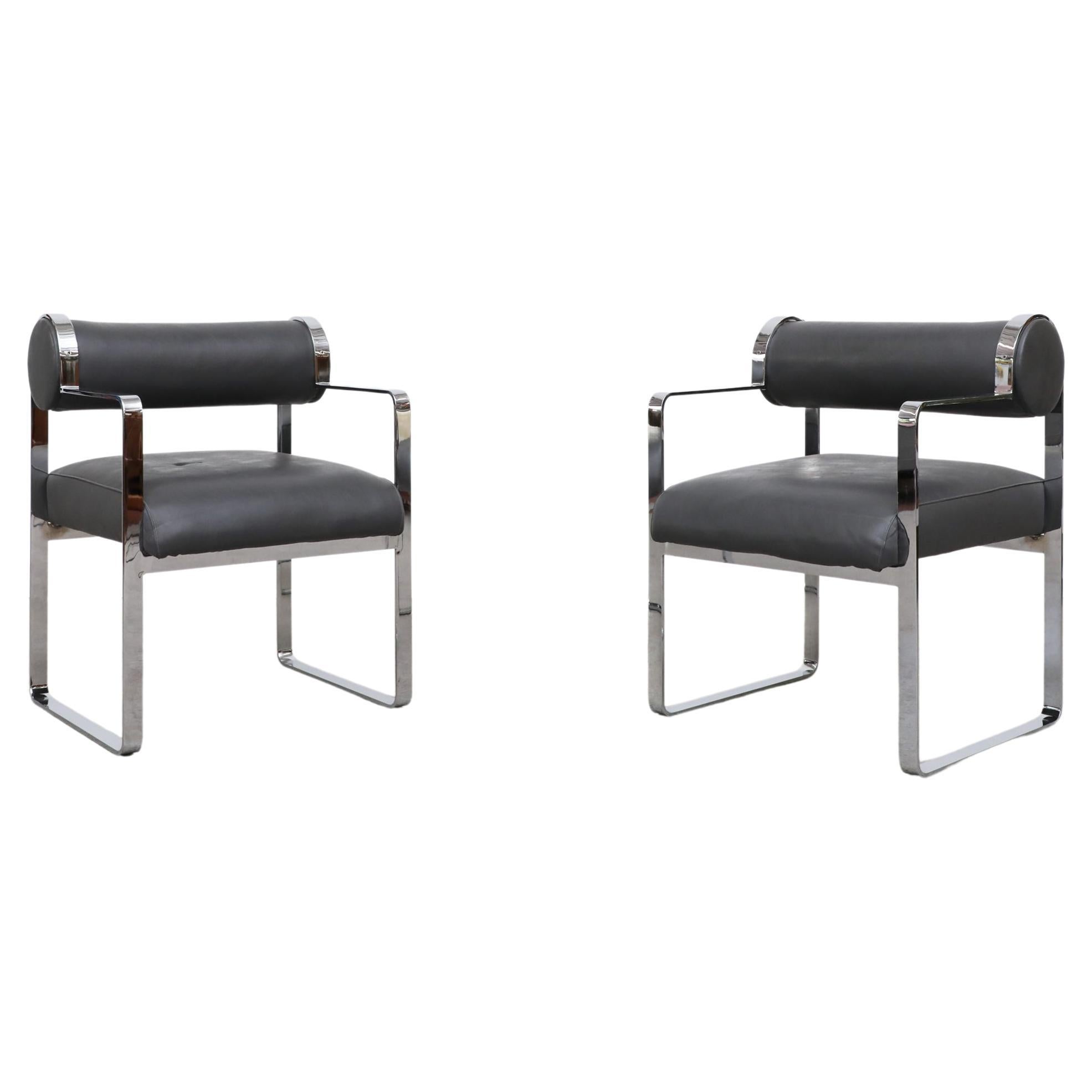 Pair of Memphis Style Chrome and Grey Leather Armchairs