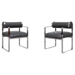 Pair of Memphis Style Chrome and Grey Leather Armchairs