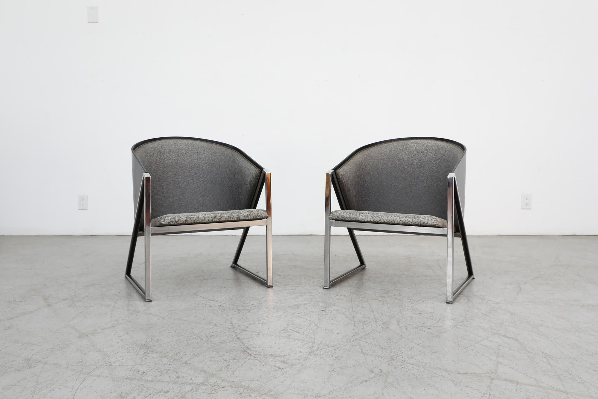 Pair of 'Mondi Soft' armchairs designed by Finnish architect Jouko Jarvisalo for Inno Interior OY, 1980s. These chairs have a black lacquered shell with chrome frame and original grey upholstery. The upholstery is in VERY worn condition and