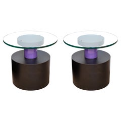 Pair of Memphis Style Postmodern Black Purple and Circular Glass Side End Tables
