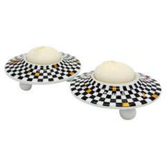 Pair of Memphis THUN Czech Porcelain Checkerboard Tea Light Candle Lamps