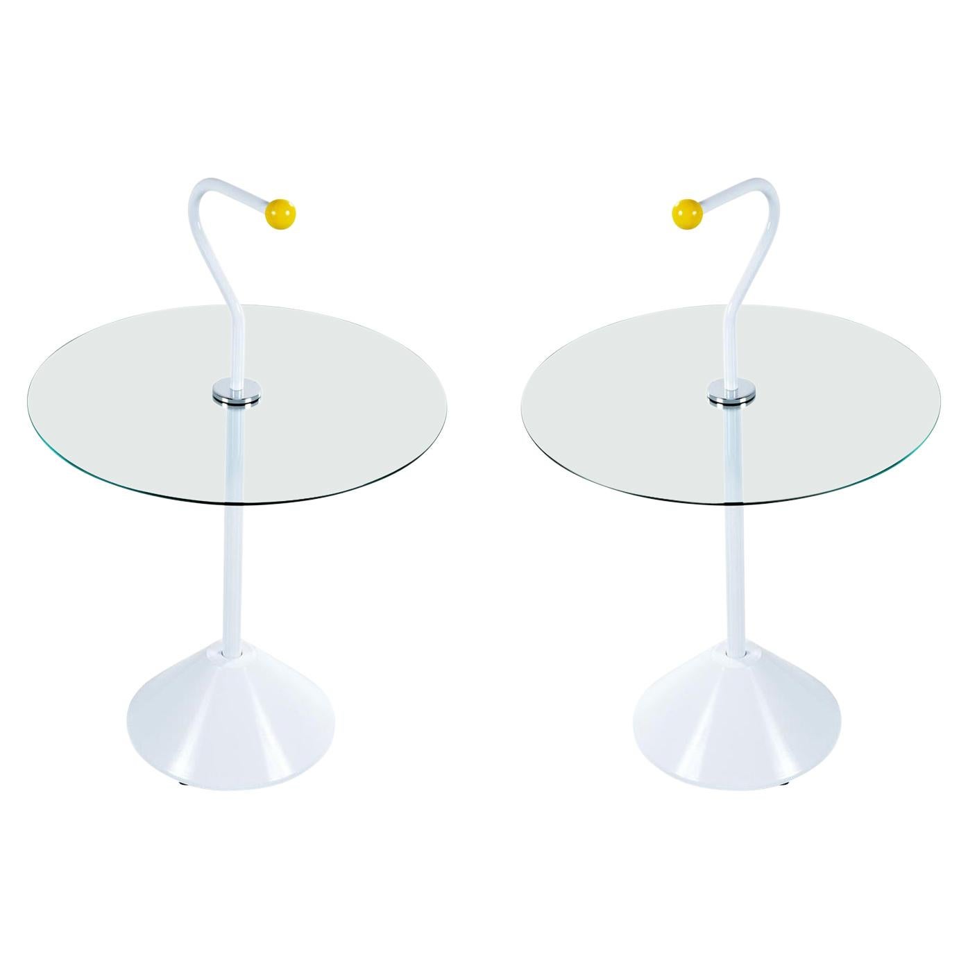 Pair of Memphis White Enamel and Glass Side Tables with Handles