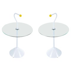 Vintage Pair of Memphis White Enamel and Glass Side Tables with Handles