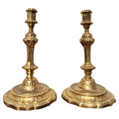 Pareja De Candeleros De Bronce Dorado Al Mercurio, Siglo XIX