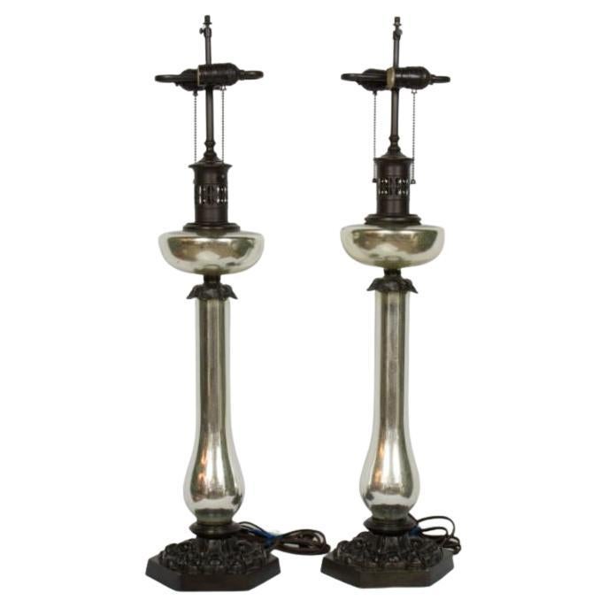 Pair of Mercury Glass Banquet Lamps For Sale