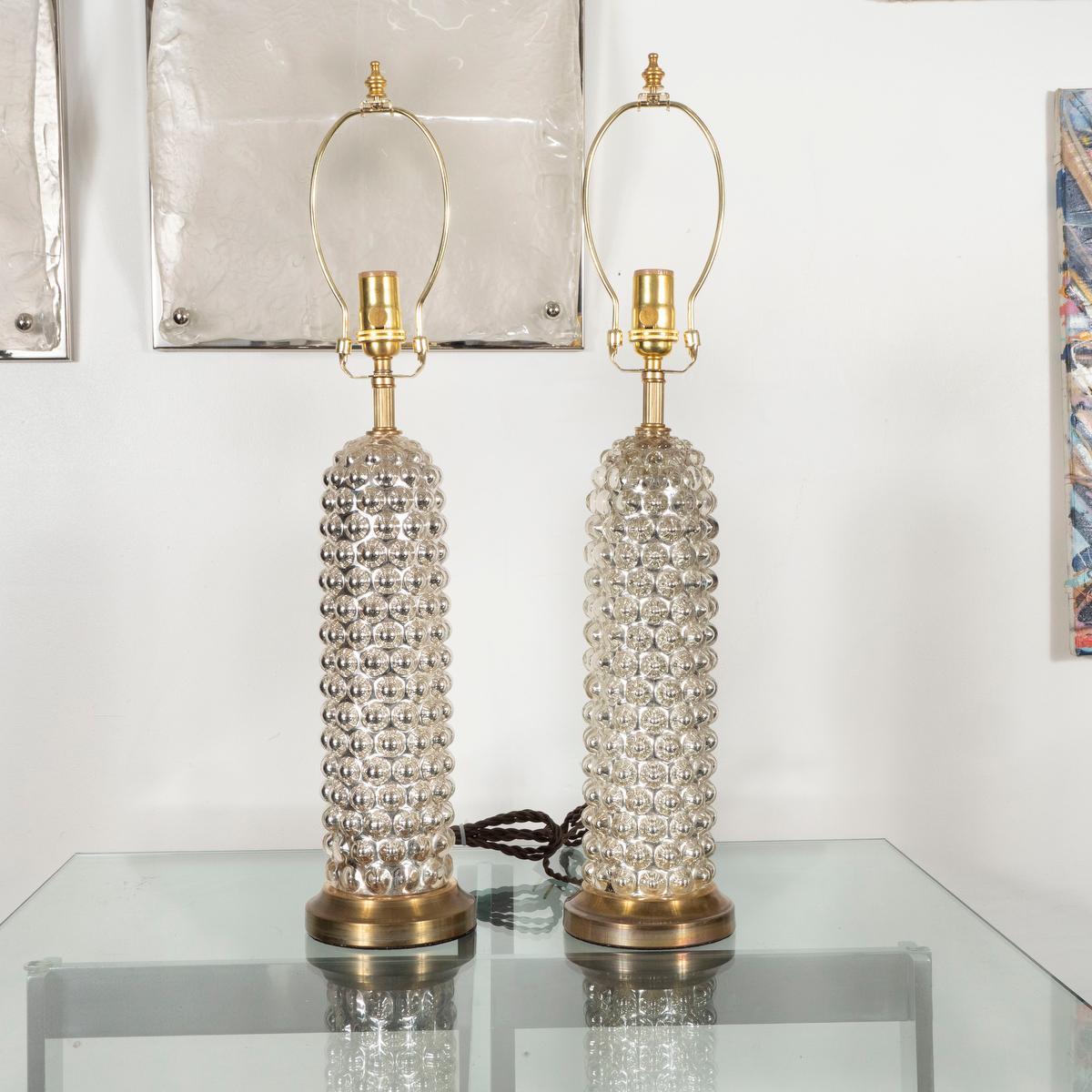 Mid-Century Modern Pair of Mercury Glass Bubble Cylinder Lamps For Sale