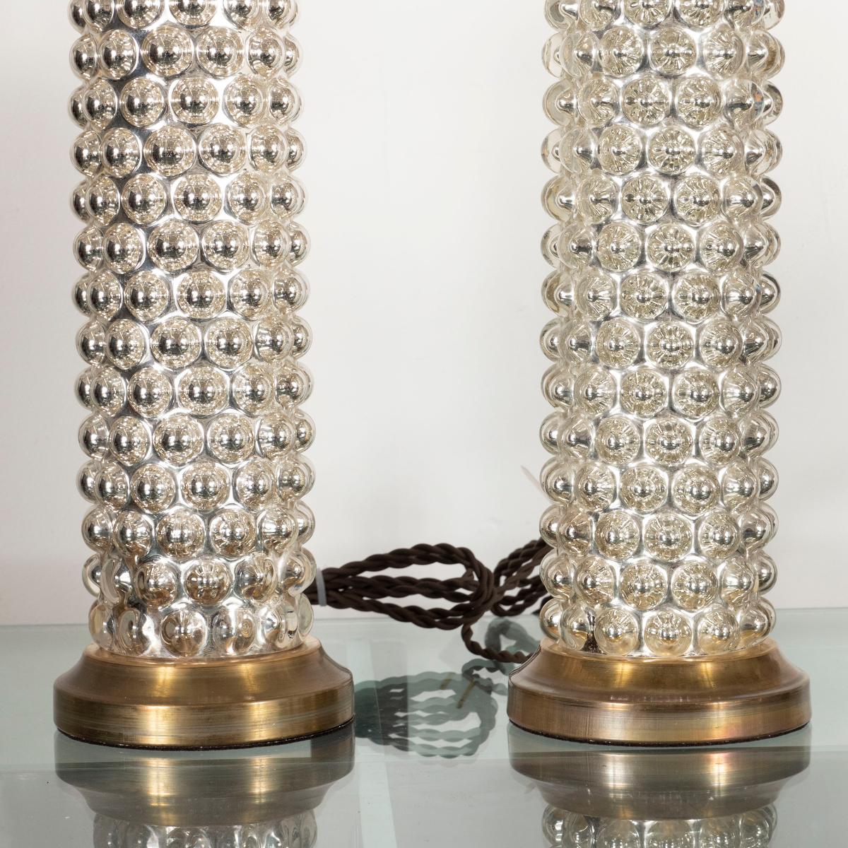 American Pair of Mercury Glass Bubble Cylinder Lamps For Sale