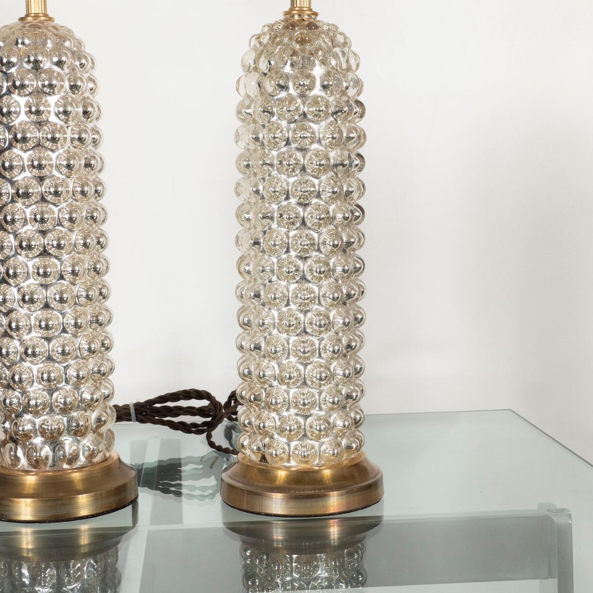 Pair of Mercury Glass Bubble Cylinder Lamps For Sale 2