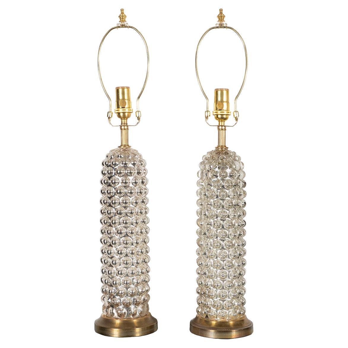 Pair of Mercury Glass Bubble Cylinder Lamps For Sale