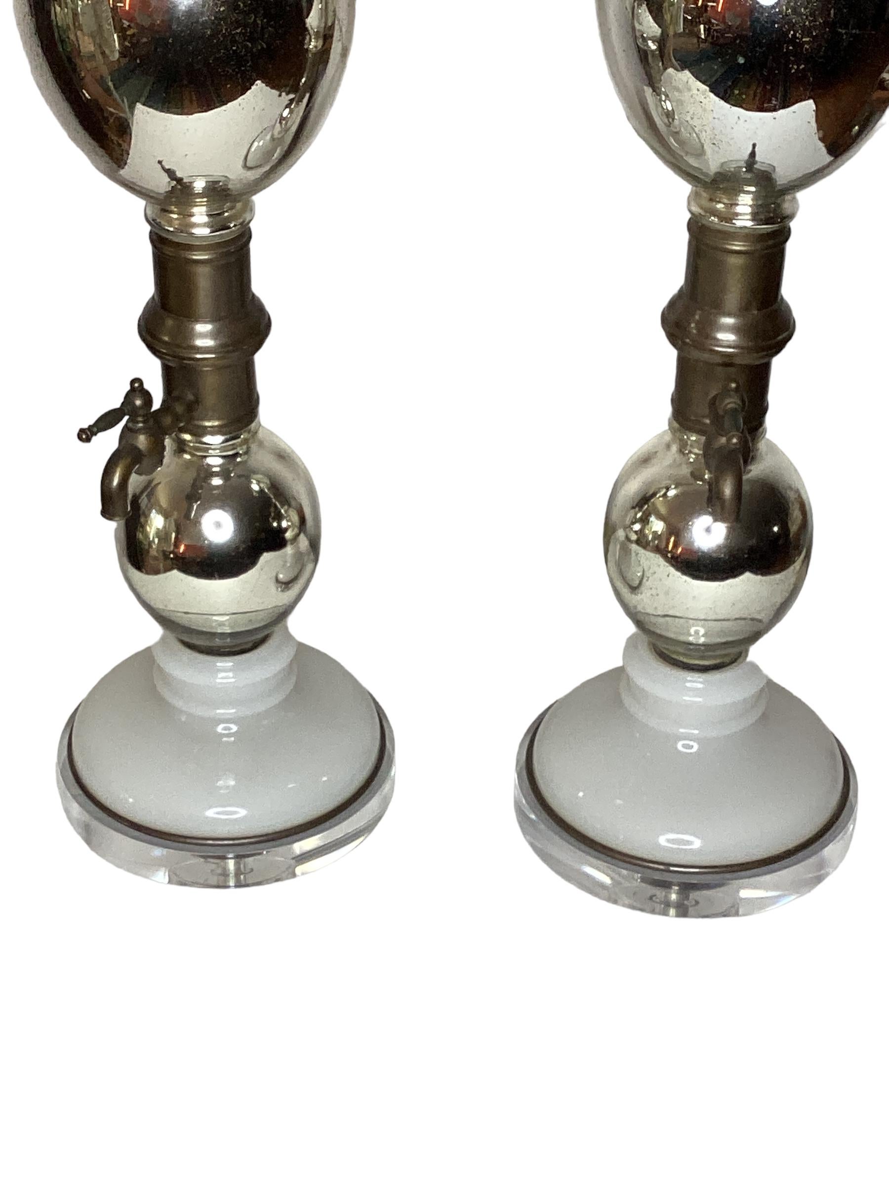 Hollywood Regency Pair of Mercury Glass Seltzer Bottle Lamps by Warren Kessler For Sale
