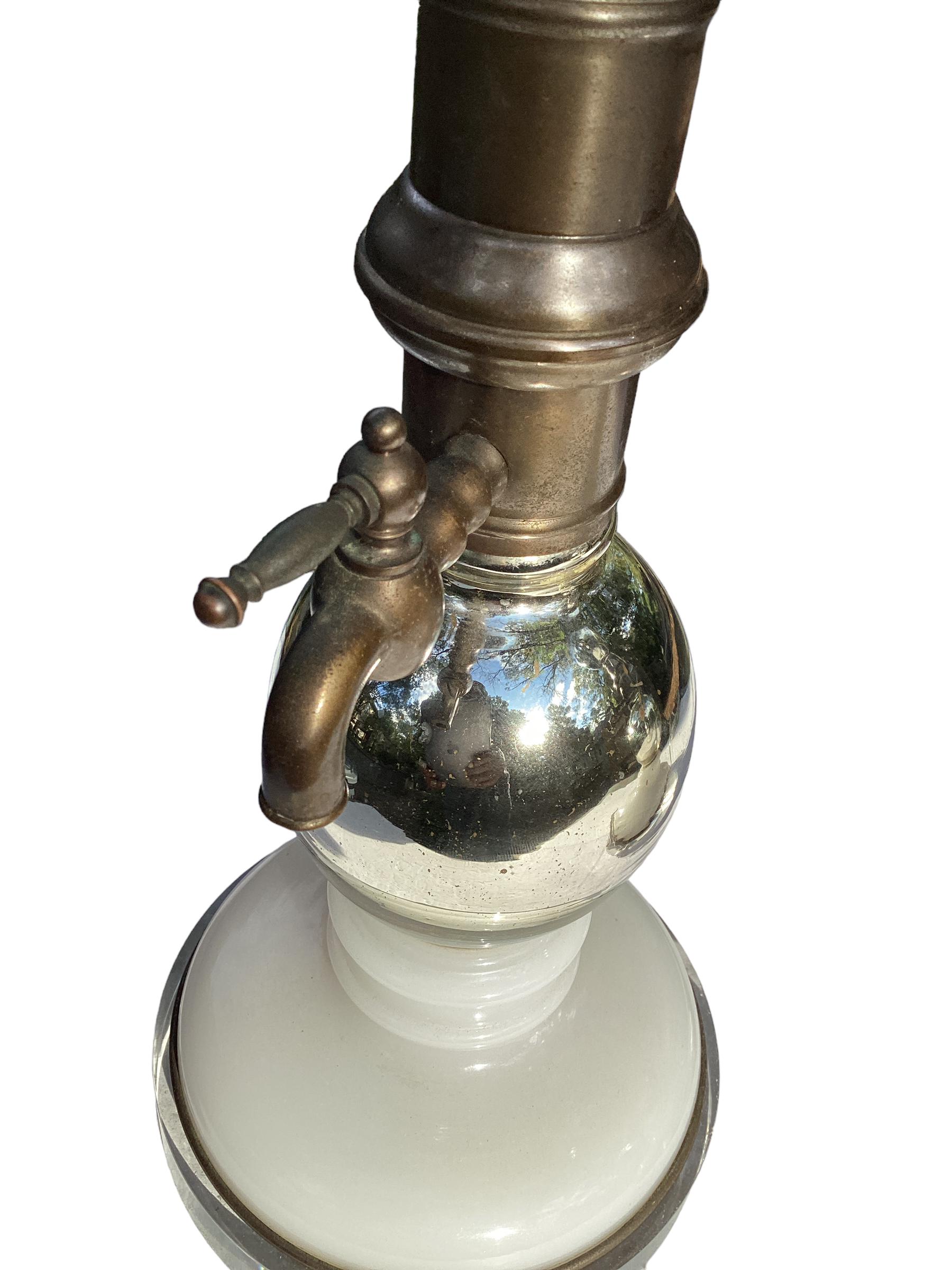 Brass Pair of Mercury Glass Seltzer Bottle Lamps by Warren Kessler For Sale