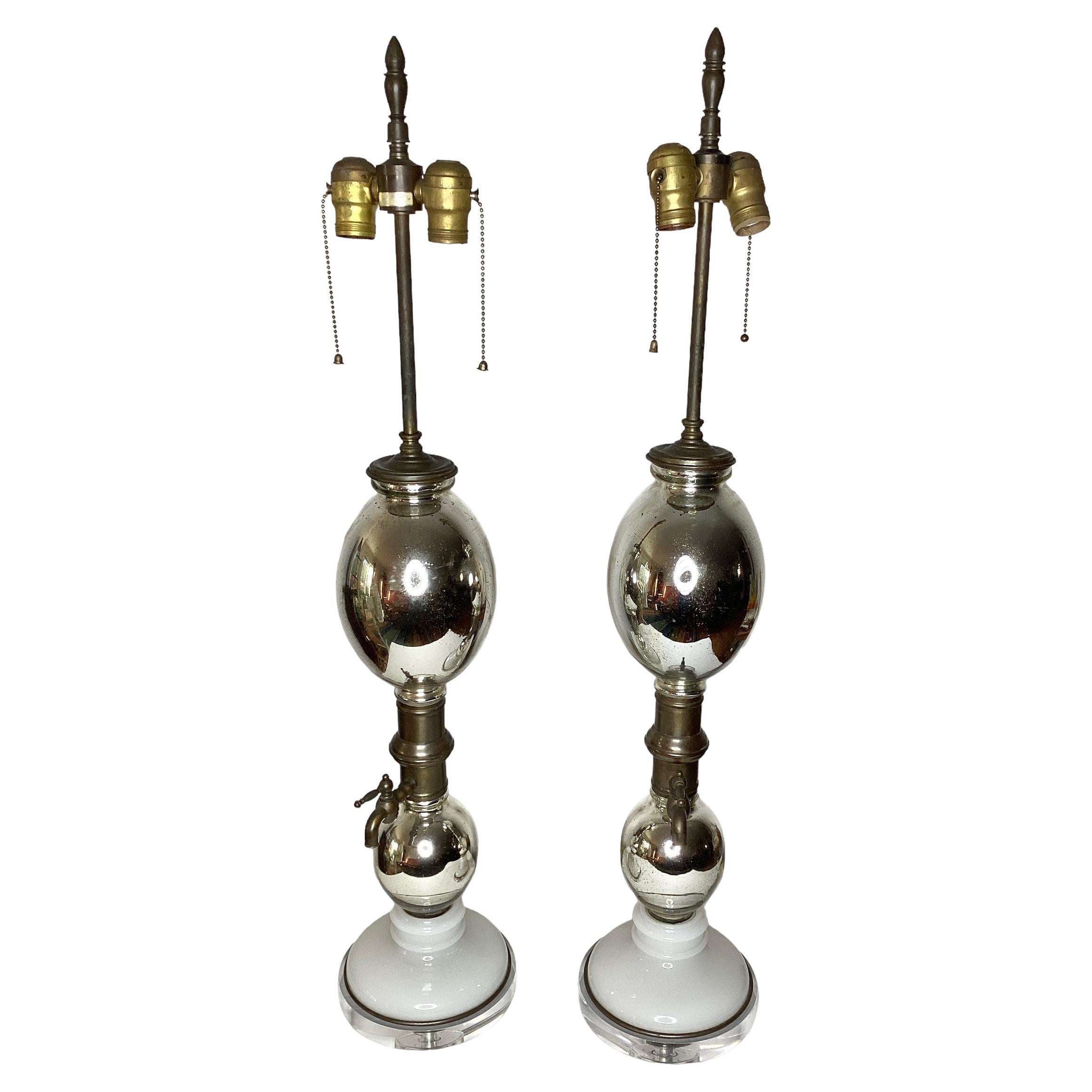 Pair of Mercury Glass Seltzer Bottle Lamps by Warren Kessler For Sale