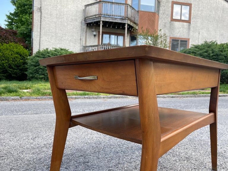 Pair of Mersman Midcentury End Tables with Shelf and Drawers For Sale