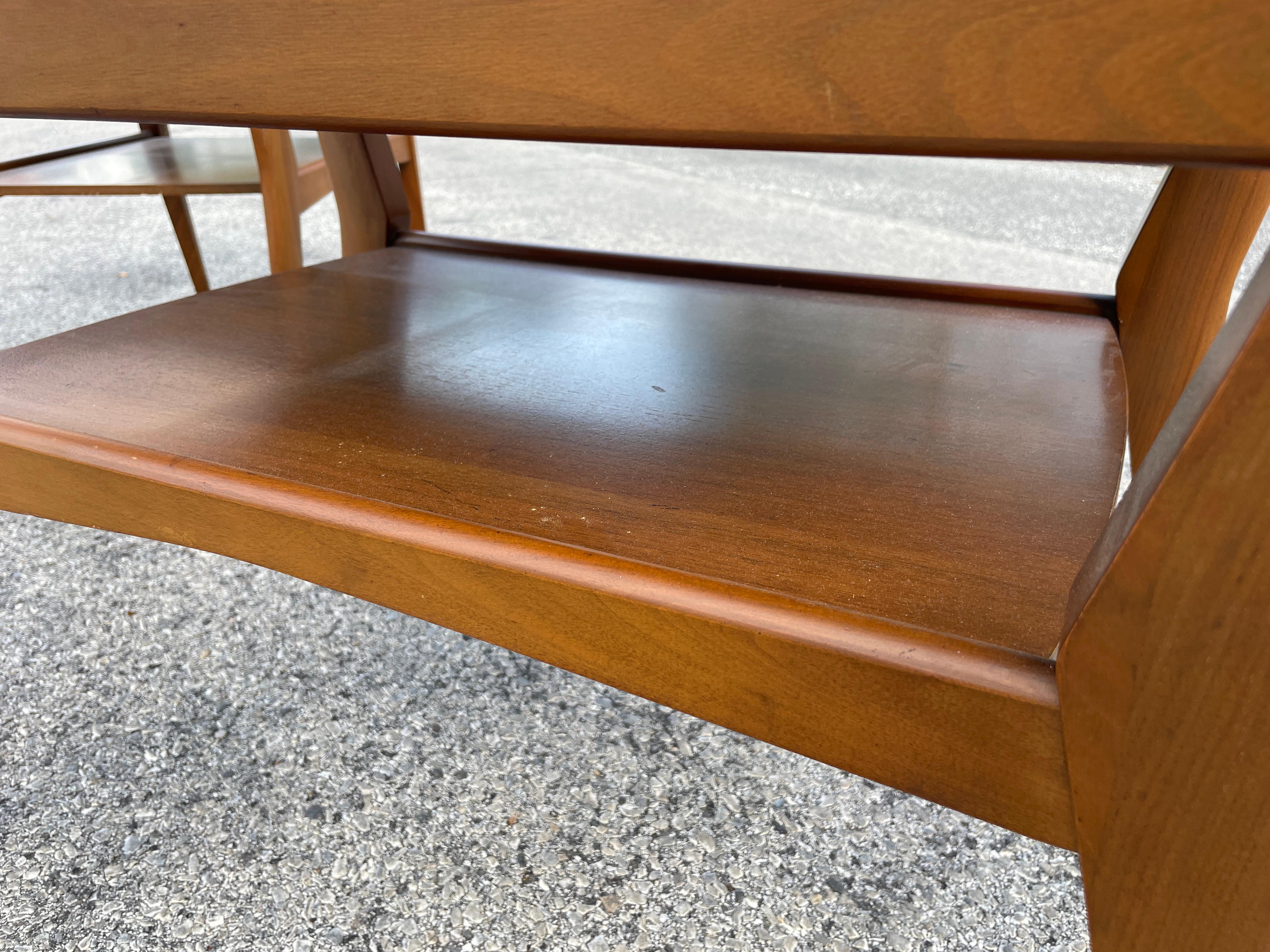 Walnut Pair of Mersman Midcentury End Tables with Shelf and Drawers For Sale