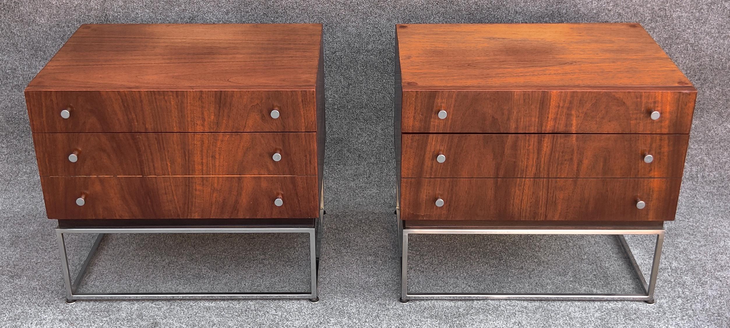 This handsome pair of nightstands or end tables was designed by Merton Gershun for American of Martinsville in the late 1960s. Made of beautifully grained walnut, these two-drawered nightstands have pleasing proportions, especially when paired with
