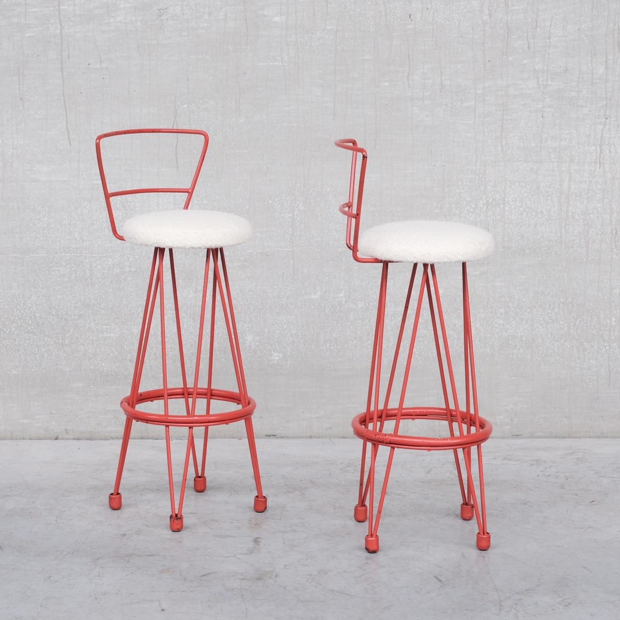 Pair of Metal and Boucle French Bar Stools, '2' 5