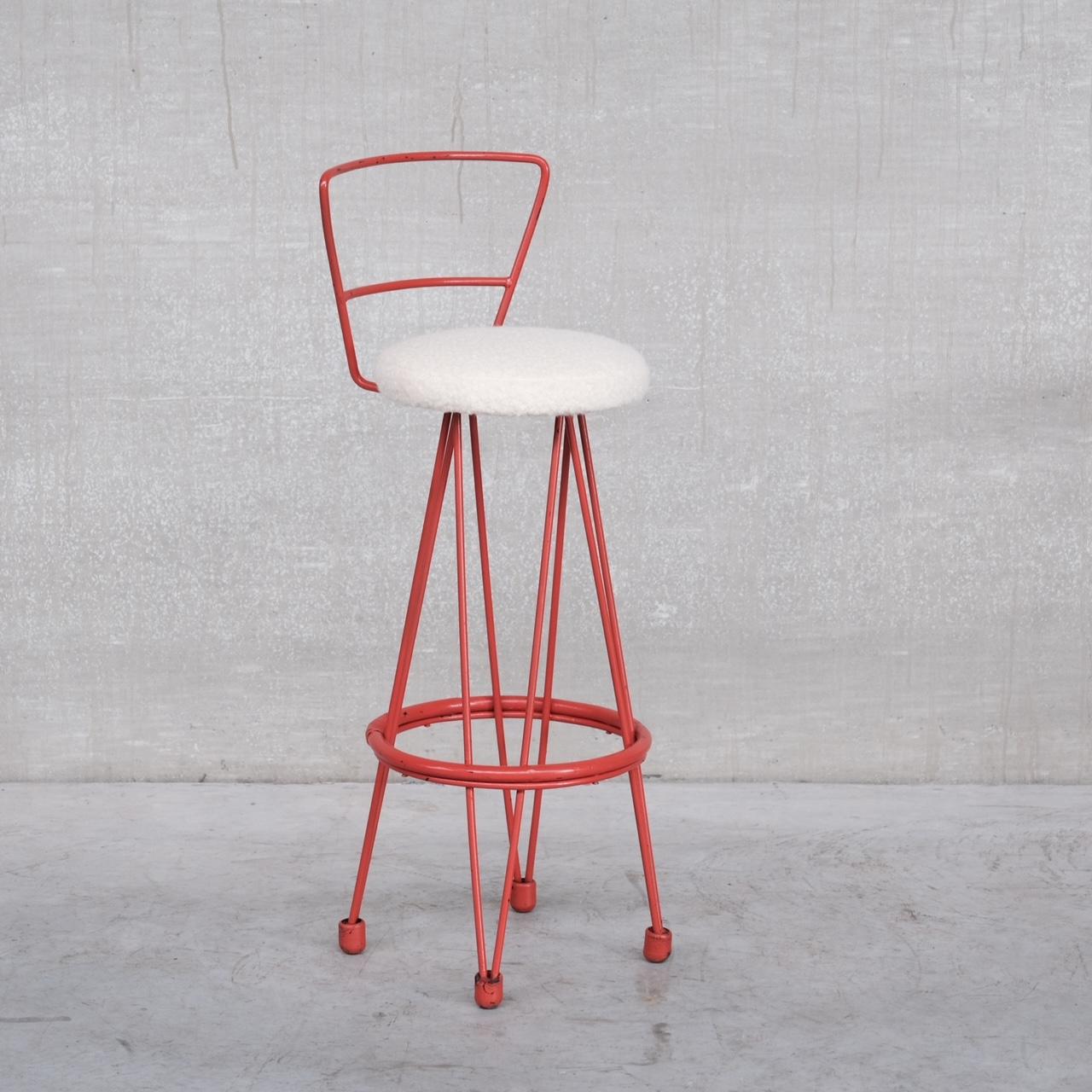 A pair of playful bar stools. 

France, c1970s. 

Pop red colour with fresh boucle style upholstery. 

Price is for the pair.

Location: London Gallery.

Dimensions: 33 W x 38 D x 74 seat height x 104 total height in cm. 

Delivery: