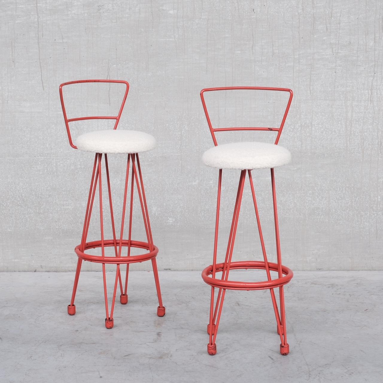 Pair of Metal and Boucle French Bar Stools, '2' 4